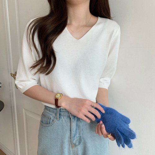 セール Vネックサマーニット レディース 五分袖 ミニミニストア Miniministore Magaseek