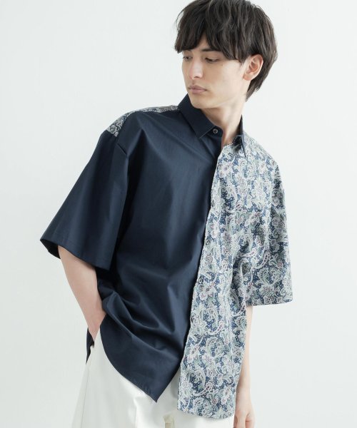 カジュアルシャツ 半袖 アシンメトリー メンズ レディース 柄シャツ 切替 ルーズ オーバーサイズ ビッグシルエット ゆったり プリント ペイズリー 日本製 国 ロッキーモンロー Rocky Monroe Magaseek