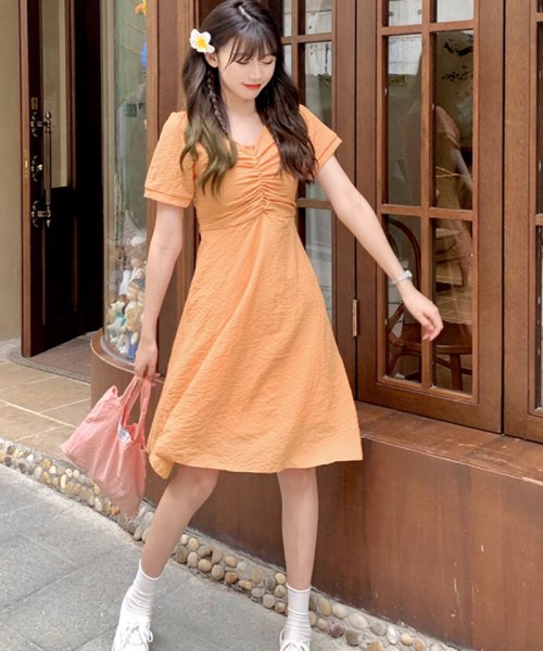 夏服 Vネックワンピース 半袖 韓国 ウエスト紐あり 膝下ワンピース Aラインワンピース 半袖 韓国ファッション おしゃれ 清楚 お出かけ ショッピングゴー Shoppinggo Magaseek