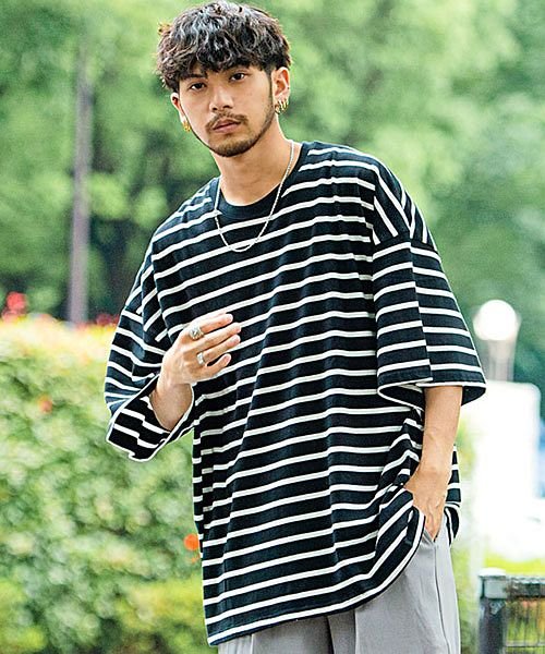 キャバリア Cavaria Cavaria ボーダー柄クルーネック半袖ビッグtシャツ メンズ ブランド 大きいサイズ おしゃれ 大人 ボーダー 半袖 トップス カットソー ストリート 韓国 Magaseek