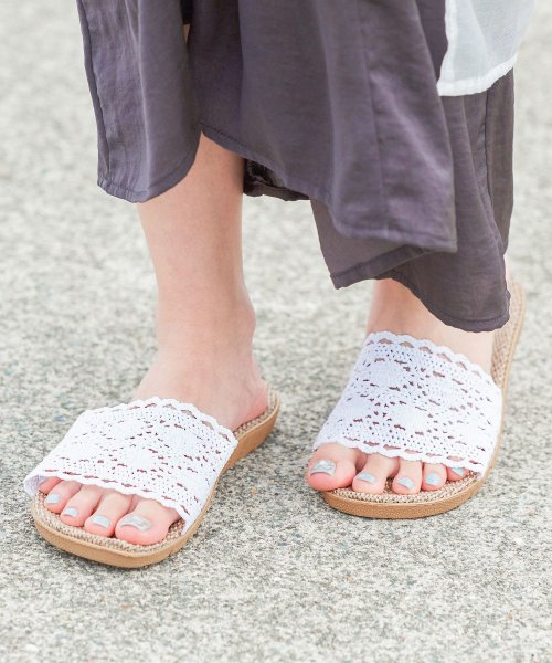クロシェ編みレースサンダル レディース ミュール スリッパ ヒール ぺたんこ フラット ビーチサンダル ビーサン ローヒール 楽ちん M L Ll 22 5 2 ファッションレター Fashion Letter Magaseek