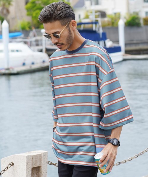 セール ミニ裏毛プリントボーダーtシャツ Tシャツ メンズ おしゃれ ボーダー ティーシャツ 半袖 5分袖 トップス クルーネック オーバーサイズ ビッグシルエット ジギーズショップ Jiggys Shop Magaseek