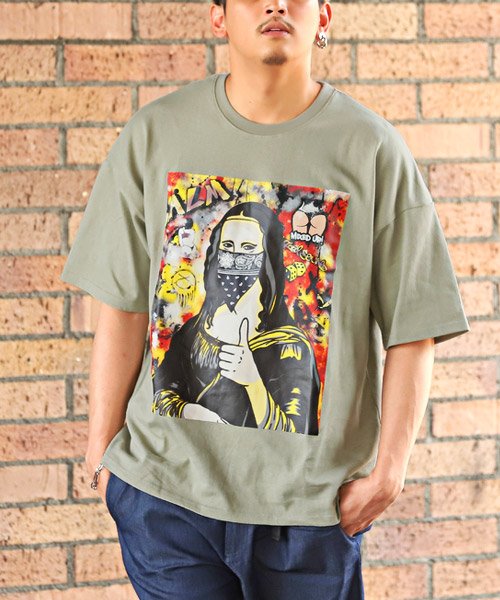 LUXSTYLE(ラグスタイル)/モナリザグラフィティアートTシャツ/Tシャツ メンズ 半袖 モナリザ コラージュ グラフィック プリント ビッグシルエット/カーキ