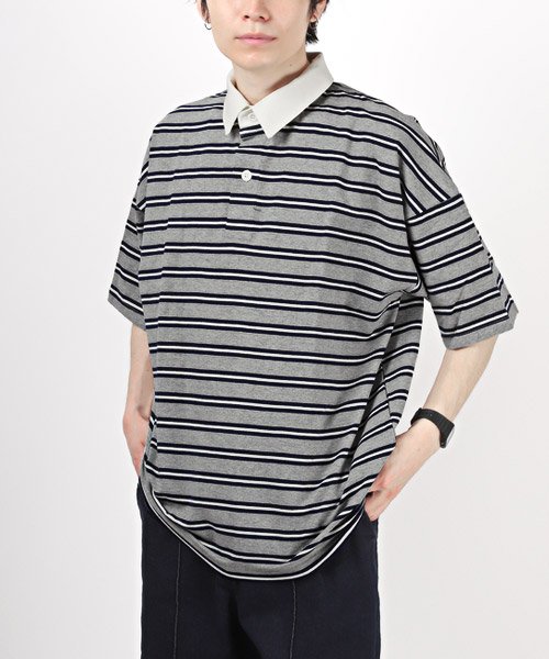 LUXSTYLE(ラグスタイル)/レトロボーダー半袖ポロシャツ/ポロシャツ メンズ ラガーシャツ 半袖 ビッグシルエット ボーダー/グレー