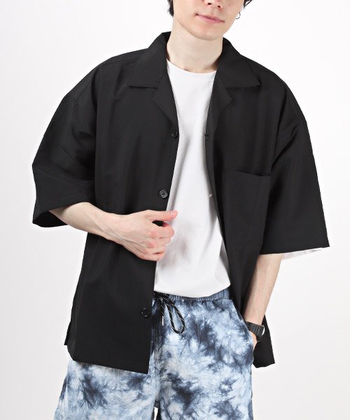 LUXSTYLE(ラグスタイル)/速乾ビッグオープンカラー半袖シャツ/オープンカラーシャツ メンズ 半袖 ビッグシルエット/ブラック