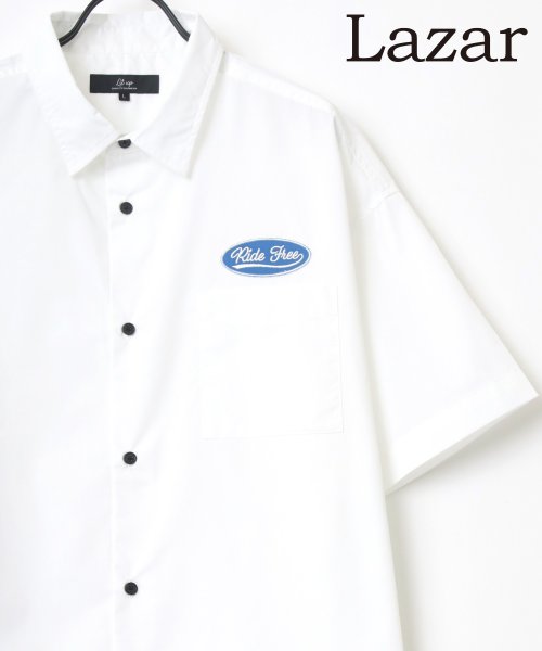 LAZAR(ラザル)/【Lazar】ビッグシルエット ワッペン 刺繍 ムジ ストライプ S/Sシャツ メンズ 半袖/ホワイト