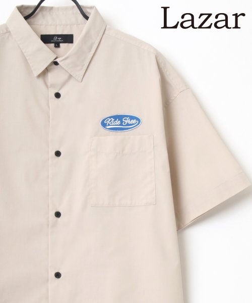 LAZAR(ラザル)/【Lazar】ビッグシルエット ワッペン 刺繍 ムジ ストライプ S/Sシャツ メンズ 半袖/ベージュ
