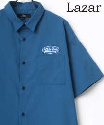 LAZAR(ラザル)/【Lazar】ビッグシルエット ワッペン 刺繍 ムジ ストライプ S/Sシャツ メンズ 半袖/ブルー