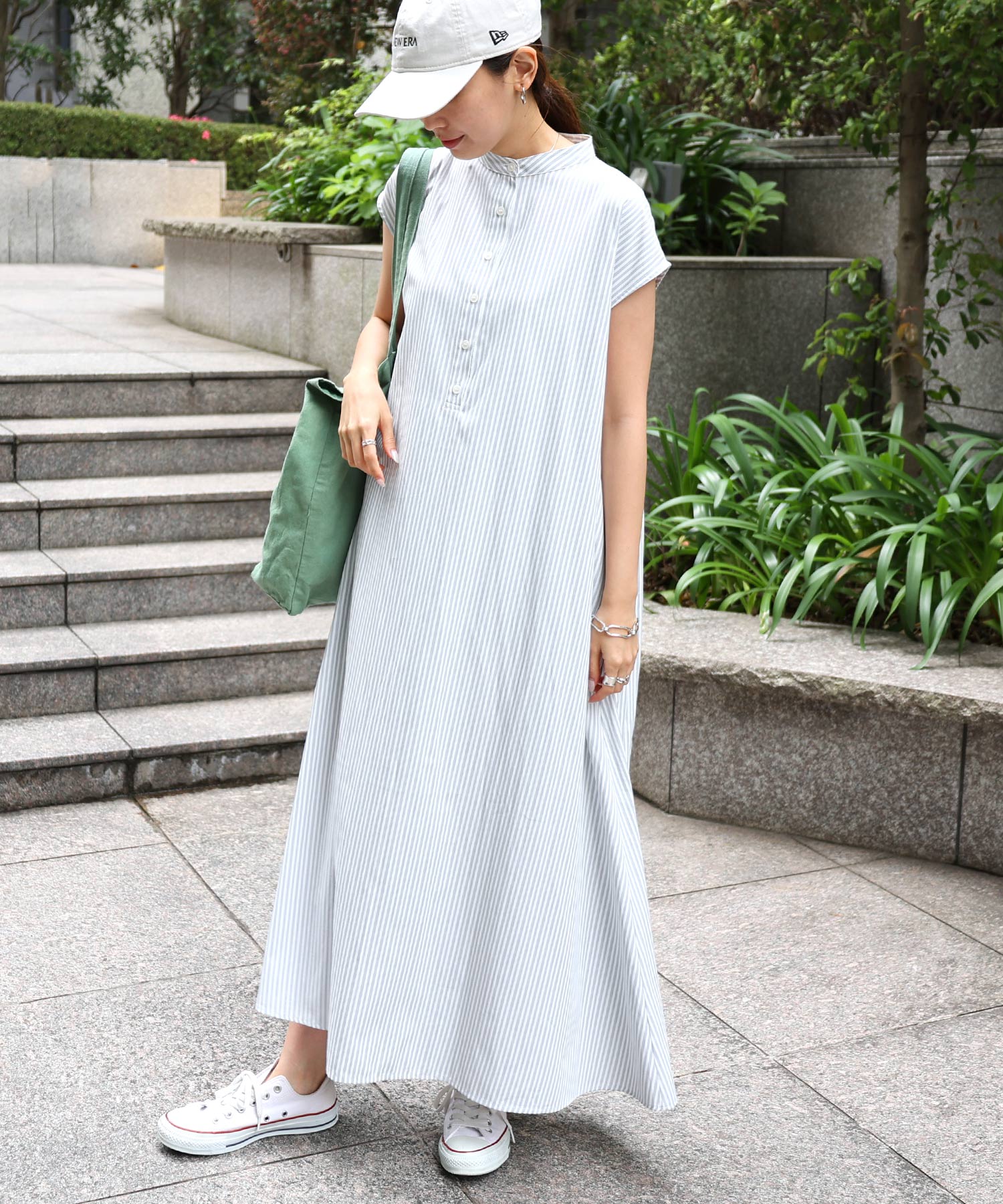 ストライプバンドカラーフレンチスリーブシャツワンピース(504776819