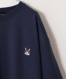 ZIP FIVE(ジップファイブ)/動物ワンポイント刺繍半袖Tシャツ/ネコ/イヌ/ネイビー