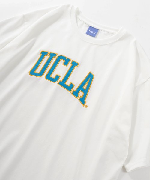 make a ray(make a ray)/【UCLA】【make a ray！】ビッグシルエット カレッジロゴプリントワッペン&サガラ刺繍 半袖カットソー/ホワイト系その他