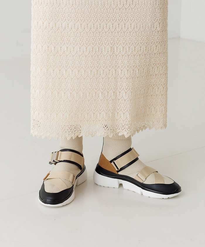 AuBANNISTER ダブルベルトニットスニーカー ベージュ L