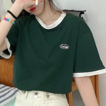 miniministore(ミニミニストア)/バイカラーTシャツ 韓国半袖 カジュアル/ダークグリーン