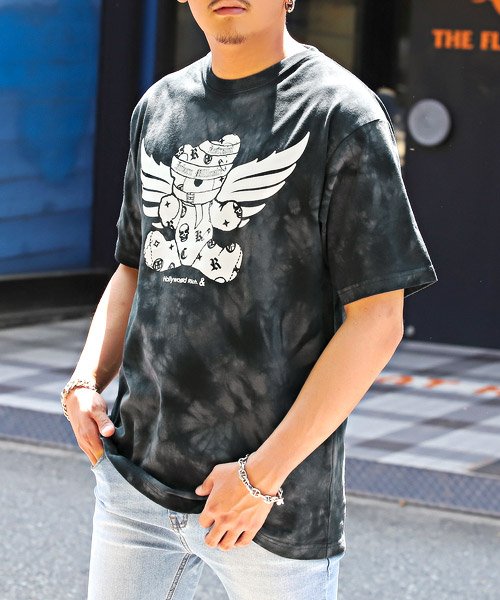 LUXSTYLE(ラグスタイル)/Hollywood rich.&(ハリウッドリッチドットアンド)タイダイ染めエンジェルベアプリントTシャツ/Tシャツ メンズ 半袖 タイダイ ベアプリント バッ/ブラック