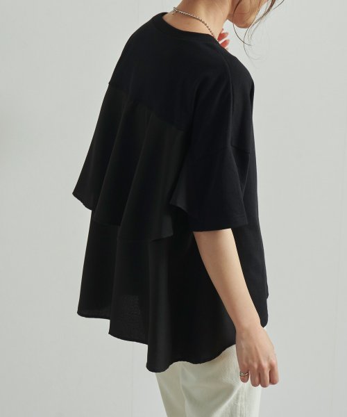 Fizz(フィズ)/異素材切替えBACKフリルTシャツ 半袖/ブラック