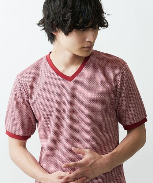 MK homme(エムケーオム)/ジャガード半袖Tシャツ/ボルドー