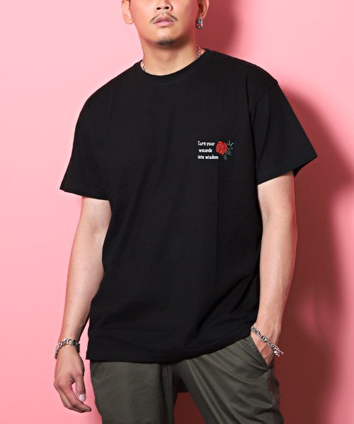 LUXSTYLE(ラグスタイル)/バラ刺繍バックプリントTシャツ/Tシャツ メンズ 半袖 薔薇 ロゴ 刺繍 バックプリント/ブラック
