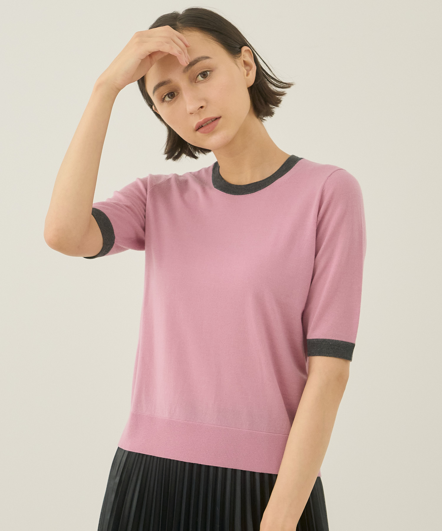 桜の花びら(厚みあり) ANAYI 配色クルーネック カーディガン プル