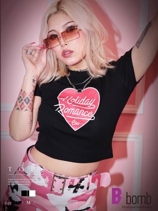 bombshell/半袖Tシャツ トップス Tシャツ 半袖 クロップ ショート ハート プリント ヘソ出し ミニ 小さめ Bbomb/504796245