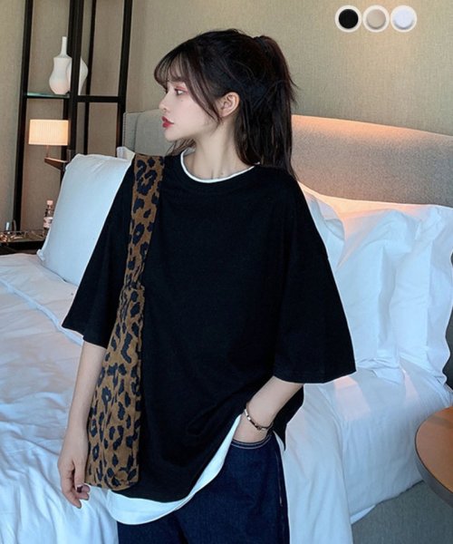 セール Tシャツ 重ね着 レイヤード風 大きめ カジュアル 無地 カットソー サマーtシャツ レディース 切り替え半袖 夏 春 韓国 ファッション セイヘイショップ Seiheishop Magaseek