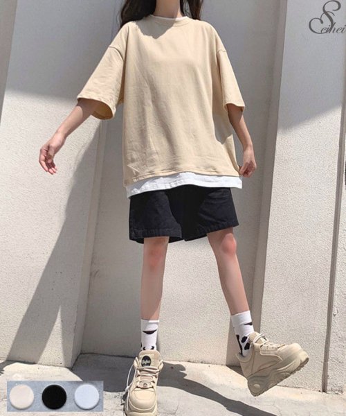 セール Tシャツ 重ね着 レイヤード風 大きめ カジュアル 無地 カットソー サマーtシャツ レディース 切り替え半袖 夏 春 韓国 ファッション セイヘイショップ Seiheishop Magaseek