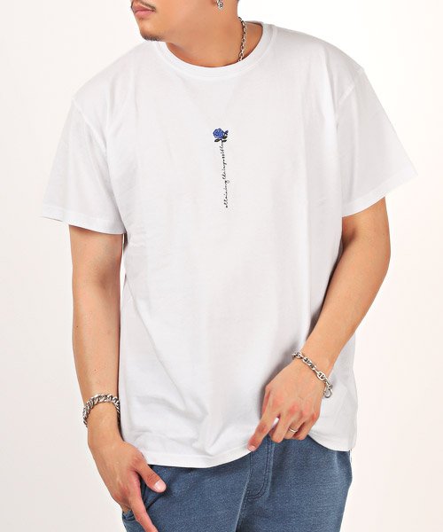 LUXSTYLE(ラグスタイル)/フロントバック薔薇刺繍Tシャツ/Tシャツ メンズ 半袖 薔薇 刺繍 ステッチ ロゴ プリント/ホワイト系1