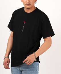 LUXSTYLE(ラグスタイル)/フロントバック薔薇刺繍Tシャツ/Tシャツ メンズ 半袖 薔薇 刺繍 ステッチ ロゴ プリント/ブラック