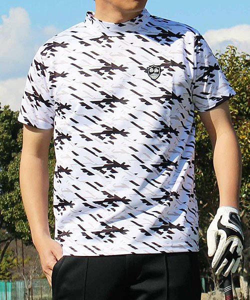 TopIsm(トップイズム)/ゴルフウェア モックネックシャツ メンズ GIORNO SEVEN ハイネックTシャツ 半袖 トップス 総柄 ロゴ ストレッチ 吸湿速乾ドライ カットソー ポロ/ホワイト系1