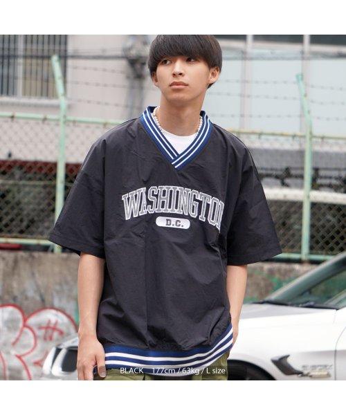 セール オーバーサイズ シャツ 半袖 メンズ プルオーバー レディース ビッグシルエット Tシャツ Vネック トップス 半袖 カレッジ ロゴ 刺繍 リブライン 緑 黒 ワンフォークロージング 1111clothing Magaseek