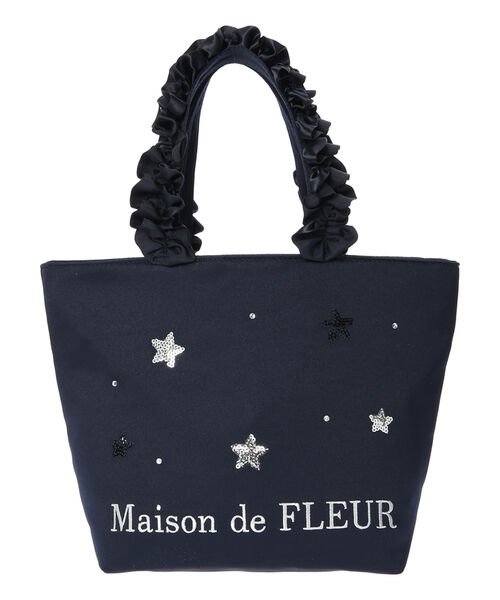 Maison de FLEUR(メゾンドフルール)/スター刺繍サテンフリルハンドルトートバッグ/ネイビー