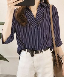 Amulet/5分袖ストライプシャツ レディースシャツ可愛い トップス 長袖 夏服 オシャレ ファション 通勤 レディスカジュアル 大きいサイズ 体型カバー/504810853