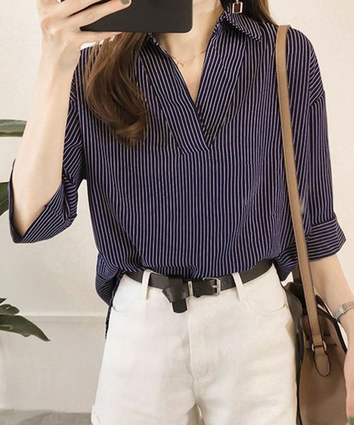 セール 5分袖ストライプシャツ レディースシャツ可愛い トップス 長袖 夏服 オシャレ ファション 通勤 レディスカジュアル 大きいサイズ 体型カバー アミュレット Amulet Magaseek