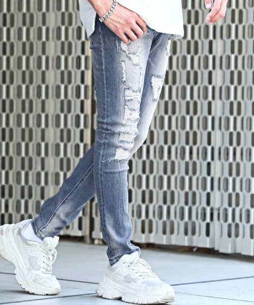 ダメージ加工リペアスキニーデニムパンツ デニムパンツ メンズ スキニー ダメージ加工 ラグスタイル Luxstyle Magaseek