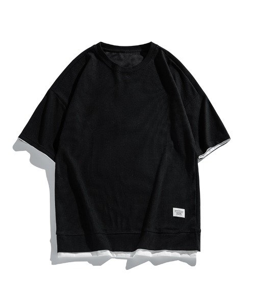 HOOK(HOOK（フック）)/HOOK－ ベーシック裾レイヤード風デザインワッフル半袖TEE/ブラック
