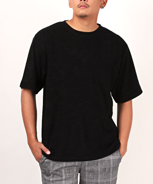 LUXSTYLE(ラグスタイル)/パイル無地胸ポケットBIGTシャツ/Tシャツ メンズ 半袖 パイル ポケット ビッグシルエット/ブラック