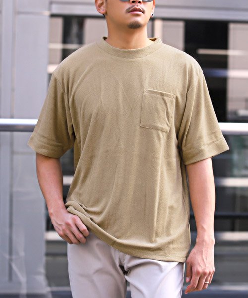 LUXSTYLE(ラグスタイル)/パイル無地胸ポケットBIGTシャツ/Tシャツ メンズ 半袖 パイル ポケット ビッグシルエット/ベージュ