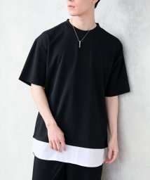 TopIsm(トップイズム)/半袖カットソー メンズ 梨地 フェイクレイヤード ワイドシルエット オーバーサイズ リラクシングウェア 無地 男女兼用/ブラック