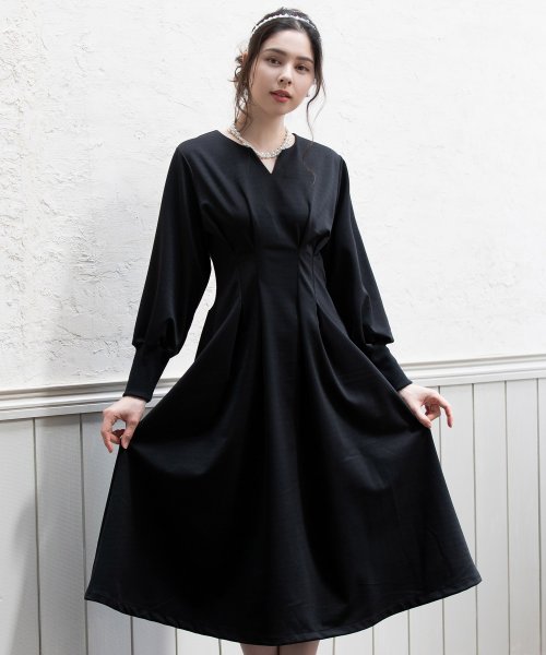 DRESS+(ドレス プラス)/ワンピース フレア Aライン 長袖 ストレッチ素材 スタイルUP /ブラック