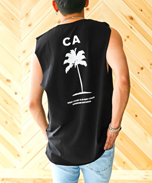 LUXSTYLE(ラグスタイル)/CALIFORNIAバックプリントカットオフノースリーブTシャツ/ノースリーブ Tシャツ メンズ ロゴ バックプリント カットオフ/ブラック