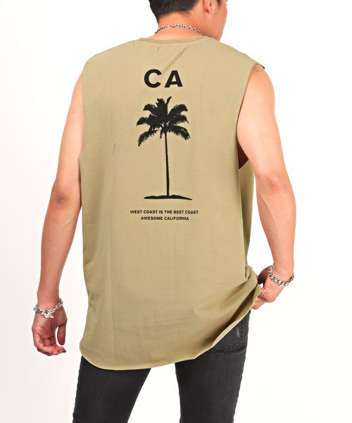 LUXSTYLE(ラグスタイル)/CALIFORNIAバックプリントカットオフノースリーブTシャツ/ノースリーブ Tシャツ メンズ ロゴ バックプリント カットオフ/ベージュ