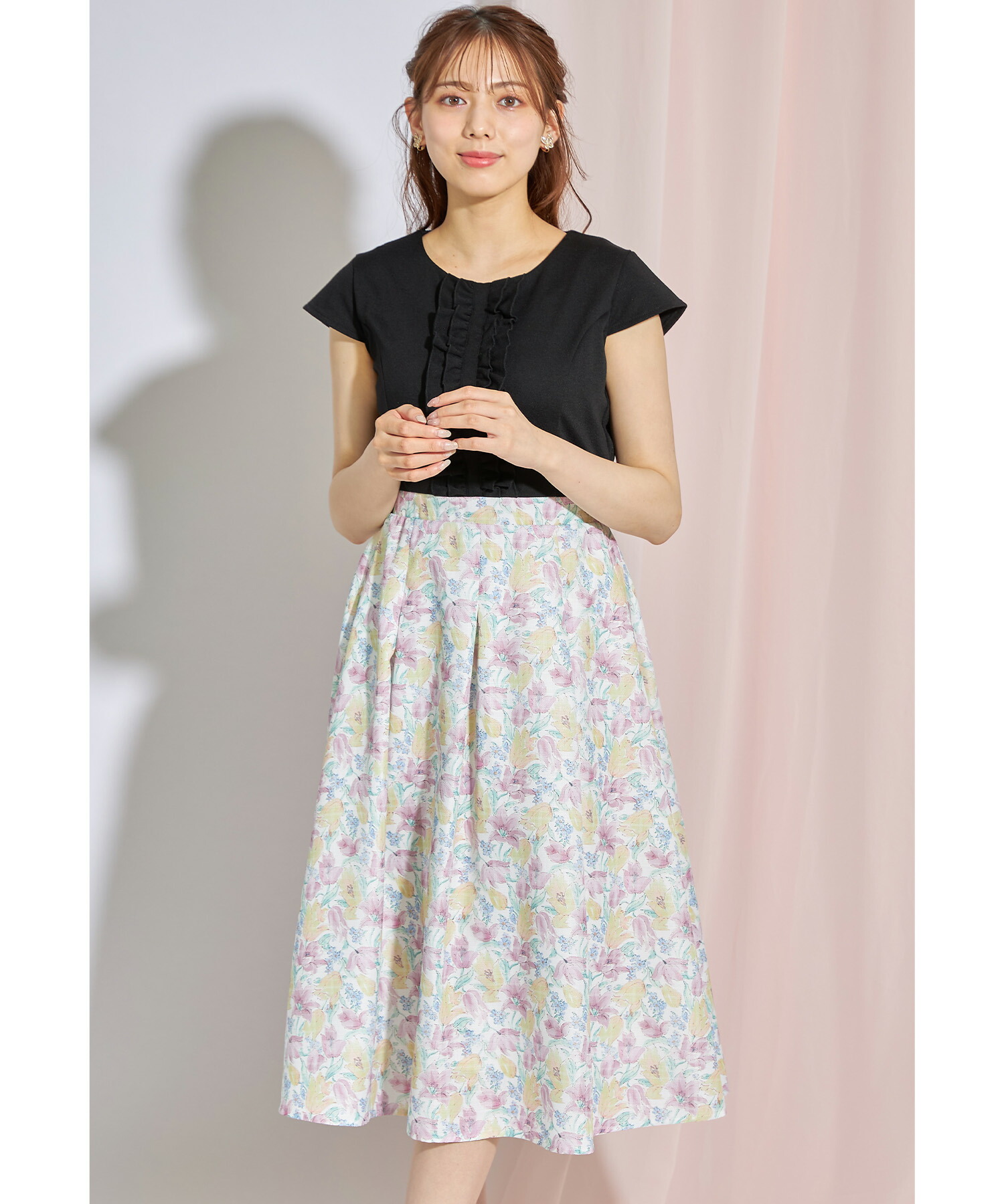 トッコクローゼット Tocco Closet フリル付きフラワープリントドッキング令嬢ワンピース Magaseek
