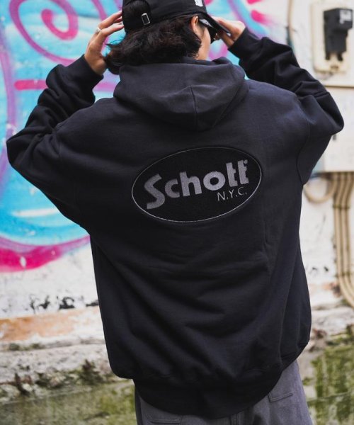 Schott(ショット)/HOODED SWEAT OVAL CHENILLE LOGO/オーバルロゴ パーカー/ブラック