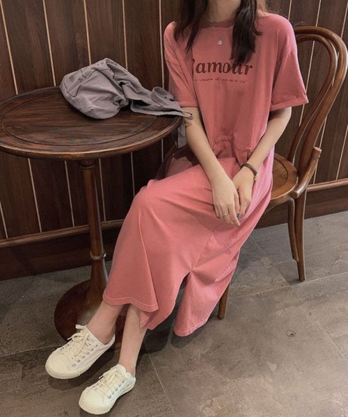 セール Tワンピース スリット入り ロングtシャツワンピース 部屋着 ルームウェア ロング マキシ 半袖 ラウンドネック ショッピングゴー Shoppinggo Magaseek