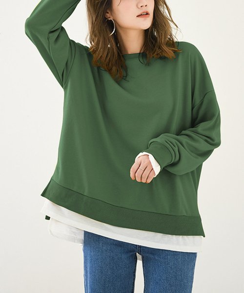 セール フェイクレイヤードトレーナー レディース トップス 無地 クルーネック シンプル ゆったり カジュアル アミュレット Amulet Magaseek