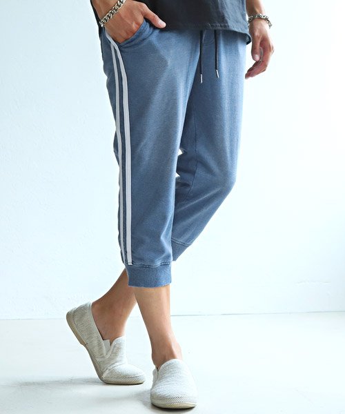 サイドラインインディゴ裏毛クロップドパンツ クロップドパンツ メンズ サイドライン カットデニム 春夏 ラグスタイル Luxstyle Magaseek