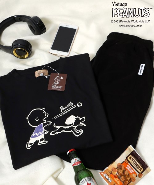 salong hameu(salong hameu)/【Salong hameu】Peanuts（ピーナッツ）スヌーピー Tシャツ＆ハーフパンツ ルームウェア/2点セット/セットアップ/ブラック