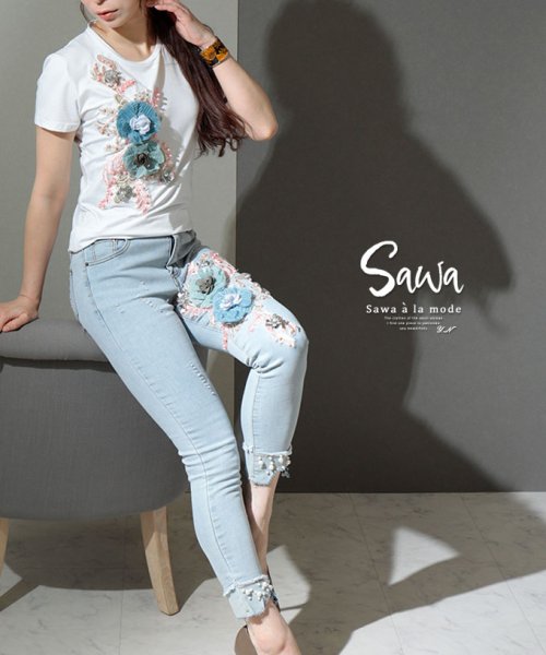 Sawa a la mode(サワアラモード)/華をプラスするTシャツとデニムのセット/ホワイト
