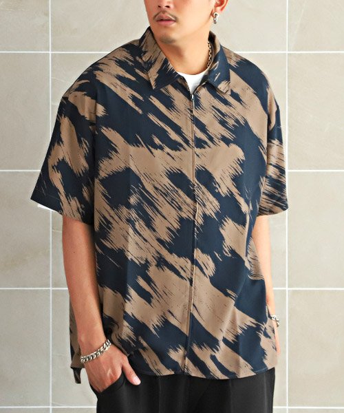 総柄プリント半袖zipシャツジャケット シャツジャケット メンズ 5分袖 総柄 プリント ビッグシルエット 春夏 ラグスタイル Luxstyle Magaseek