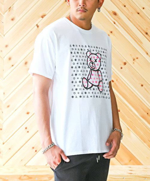 LUXSTYLE(ラグスタイル)/クマ蛍光グラフィックプリントTシャツ/Tシャツ メンズ 半袖 クマ プリント ベア イラスト ネオンカラー/ホワイト系1