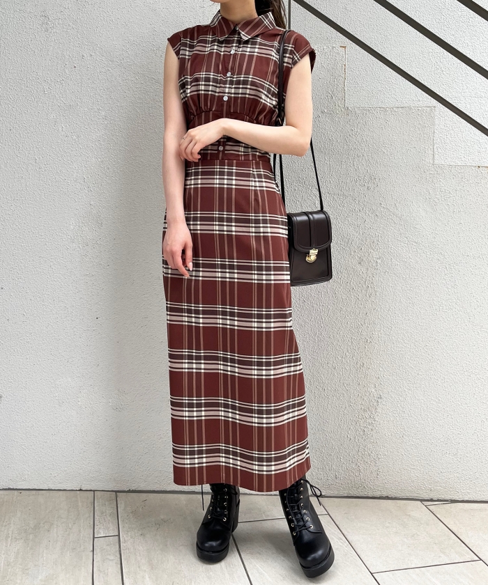 セール マジェスティックレゴン Majestic Legon 襟付きチェックノースリワンピ Magaseek